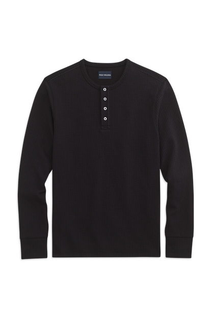 Front view of WARMKNIT  Waffle Henley in True Black