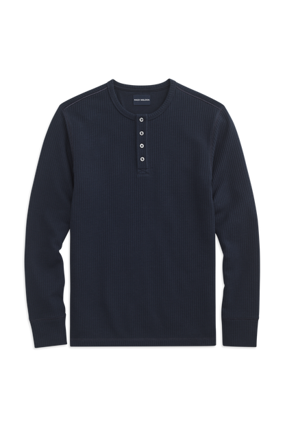 Front view of WARMKNIT  Waffle Henley in Total Eclipse