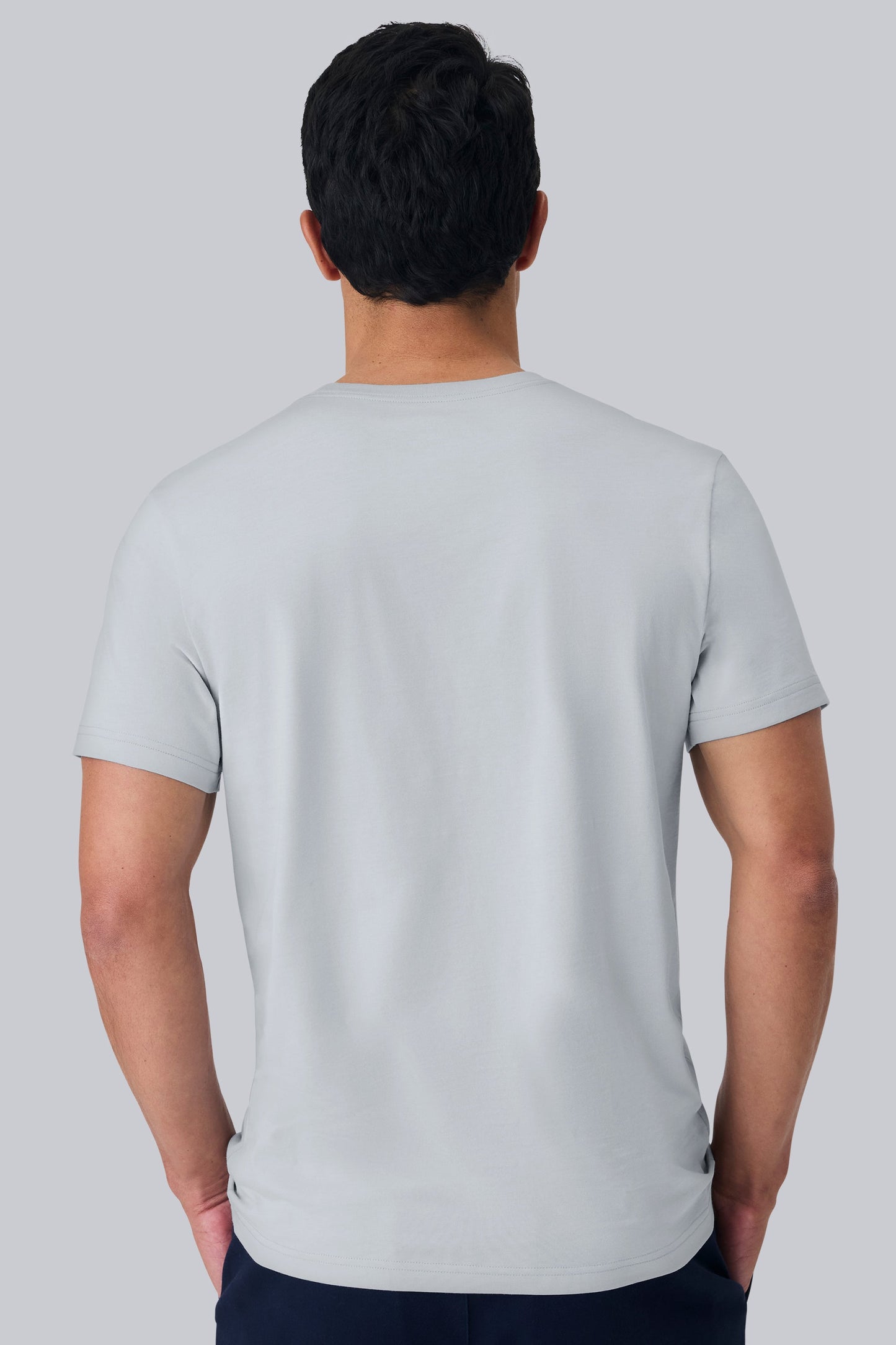 Back view of a man wearing Pima Crew Neck T-shirt in Steam