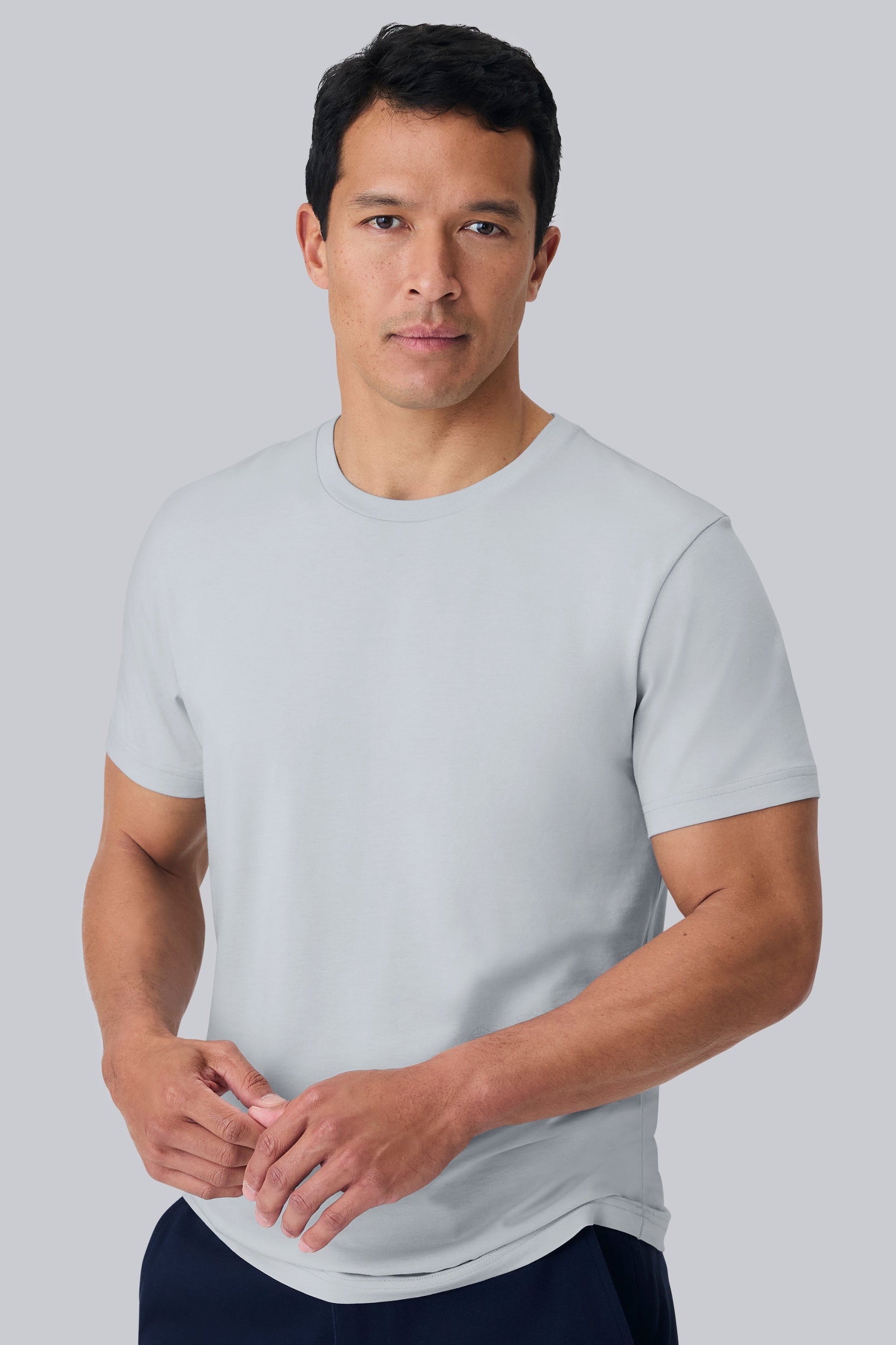 Front view of a man wearing Pima Crew Neck T-shirt in Steam #ab-second-image