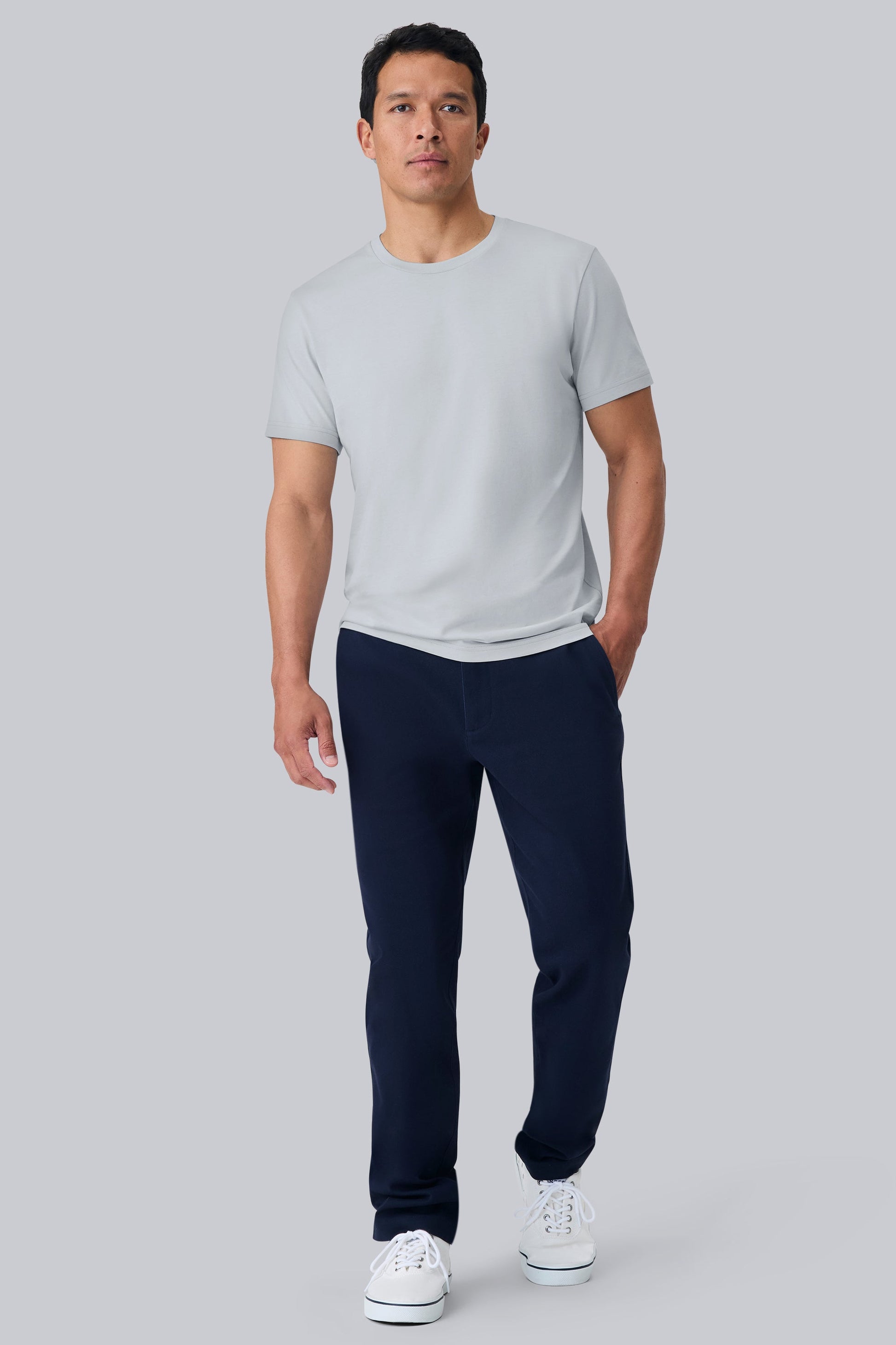 Full front view of a man wearing Pima Crew Neck T-shirt in Steam