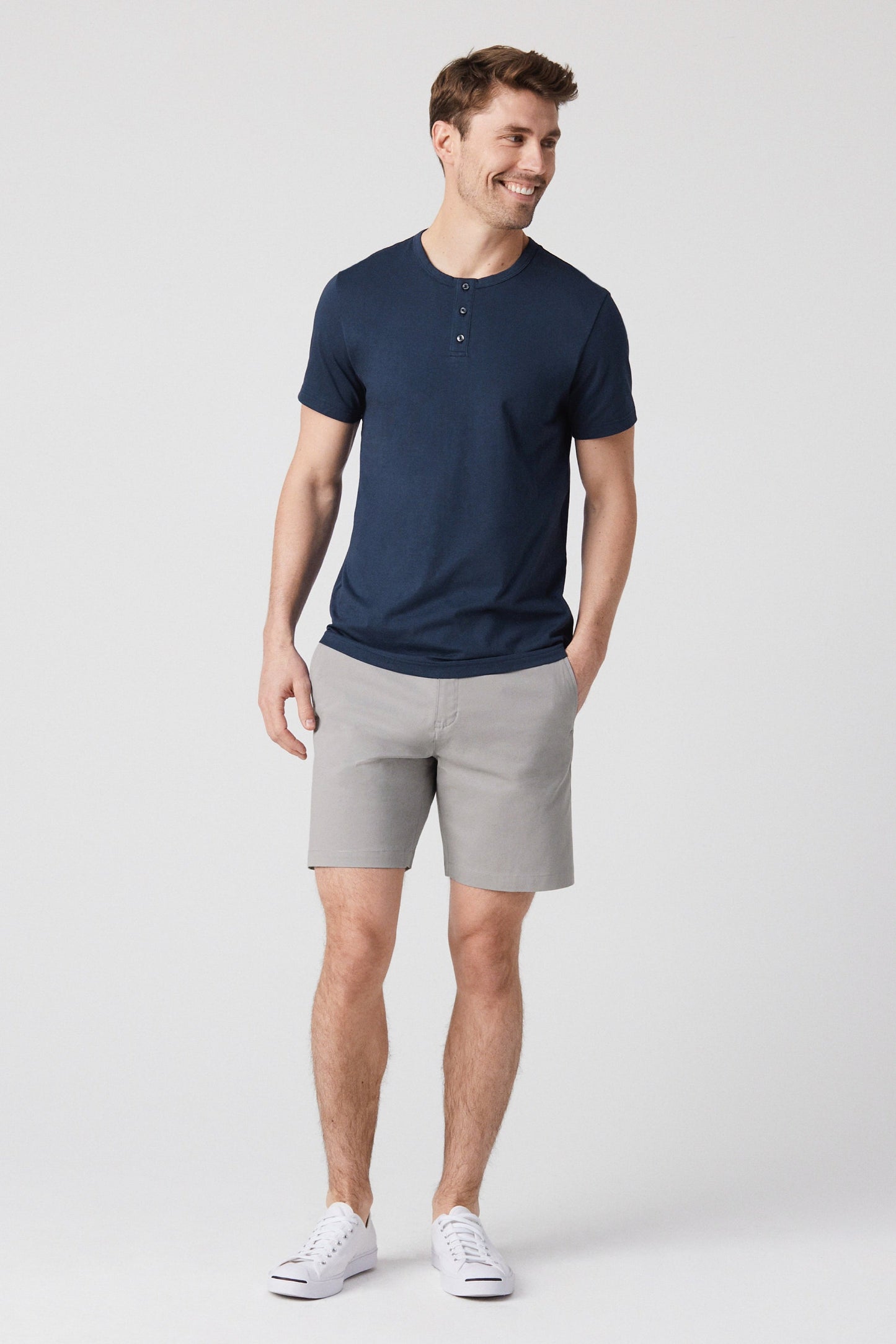 Front view of a man wearing Pima Short Sleeve Henley in True Navy