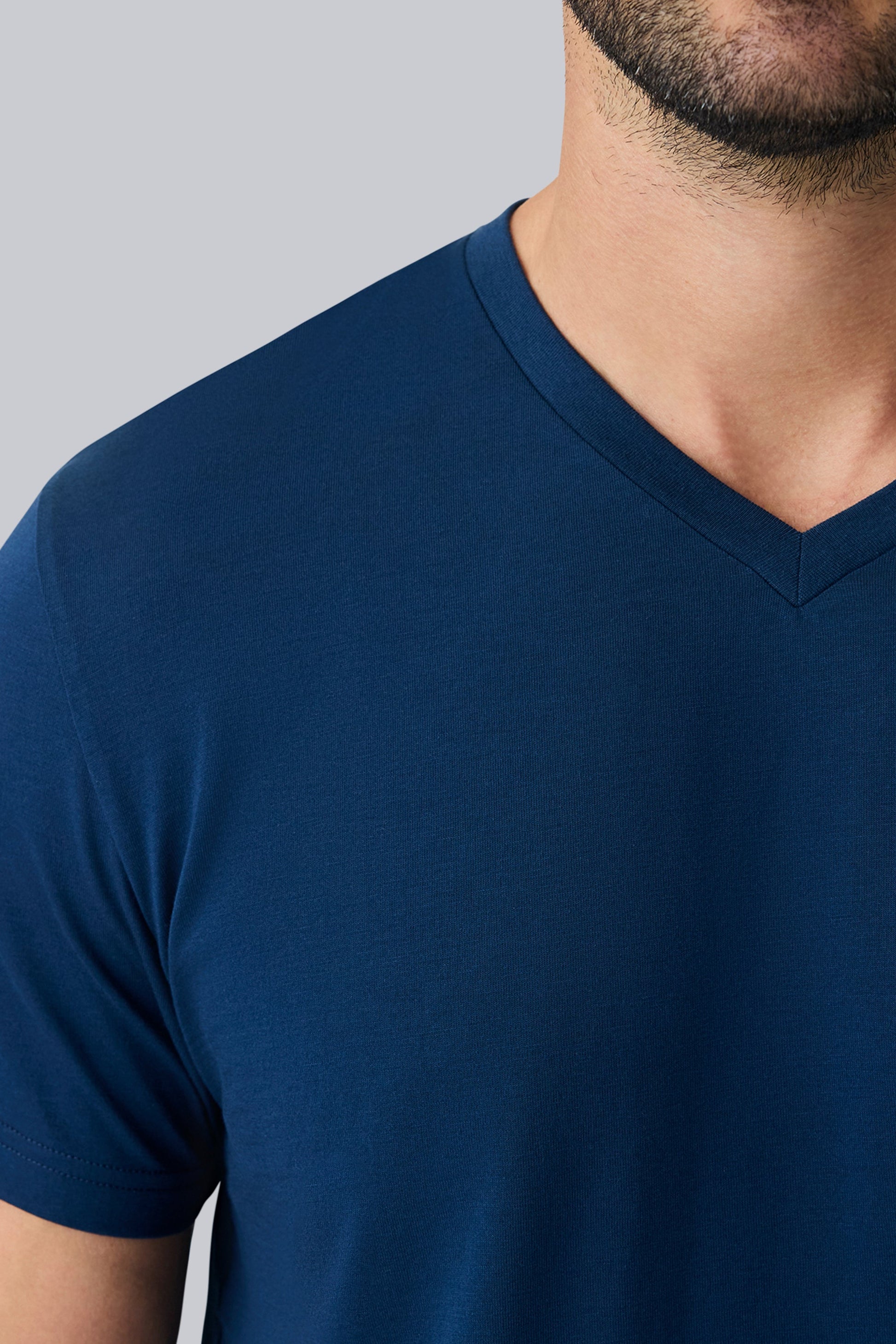 Detailed front view of Pima V Neck in True Navy 