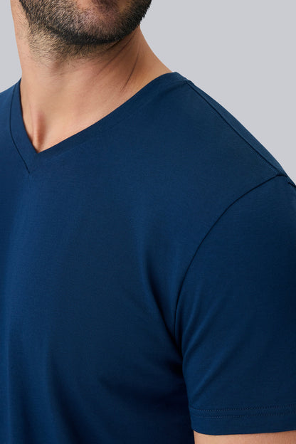 Detailed side view of Pima V Neck in True Navy 