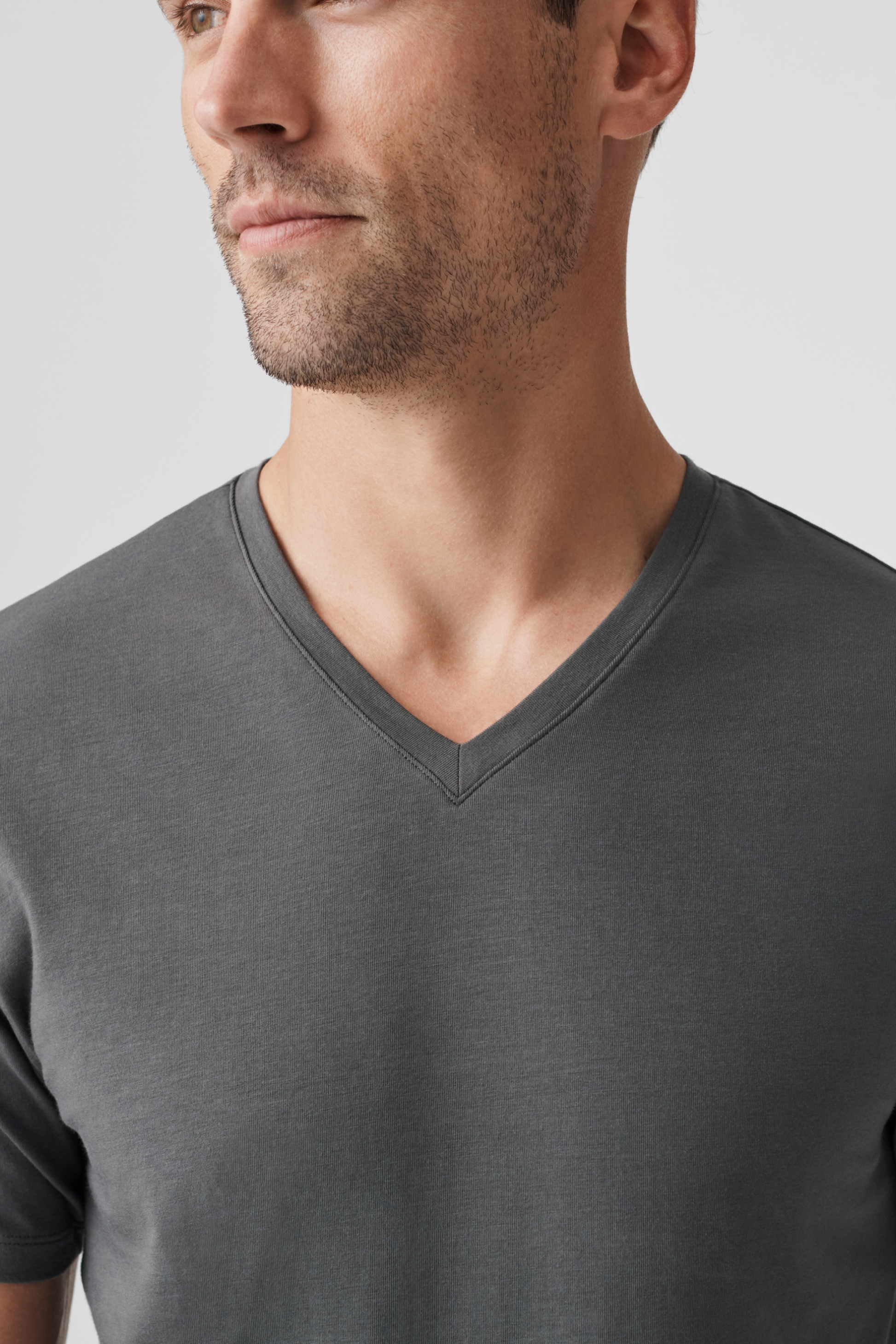 SILVER v-Neck T-Shirt Man Front close up on v-neck
