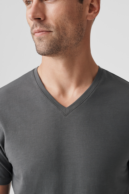 SILVER v-Neck T-Shirt Man Front close up on v-neck
