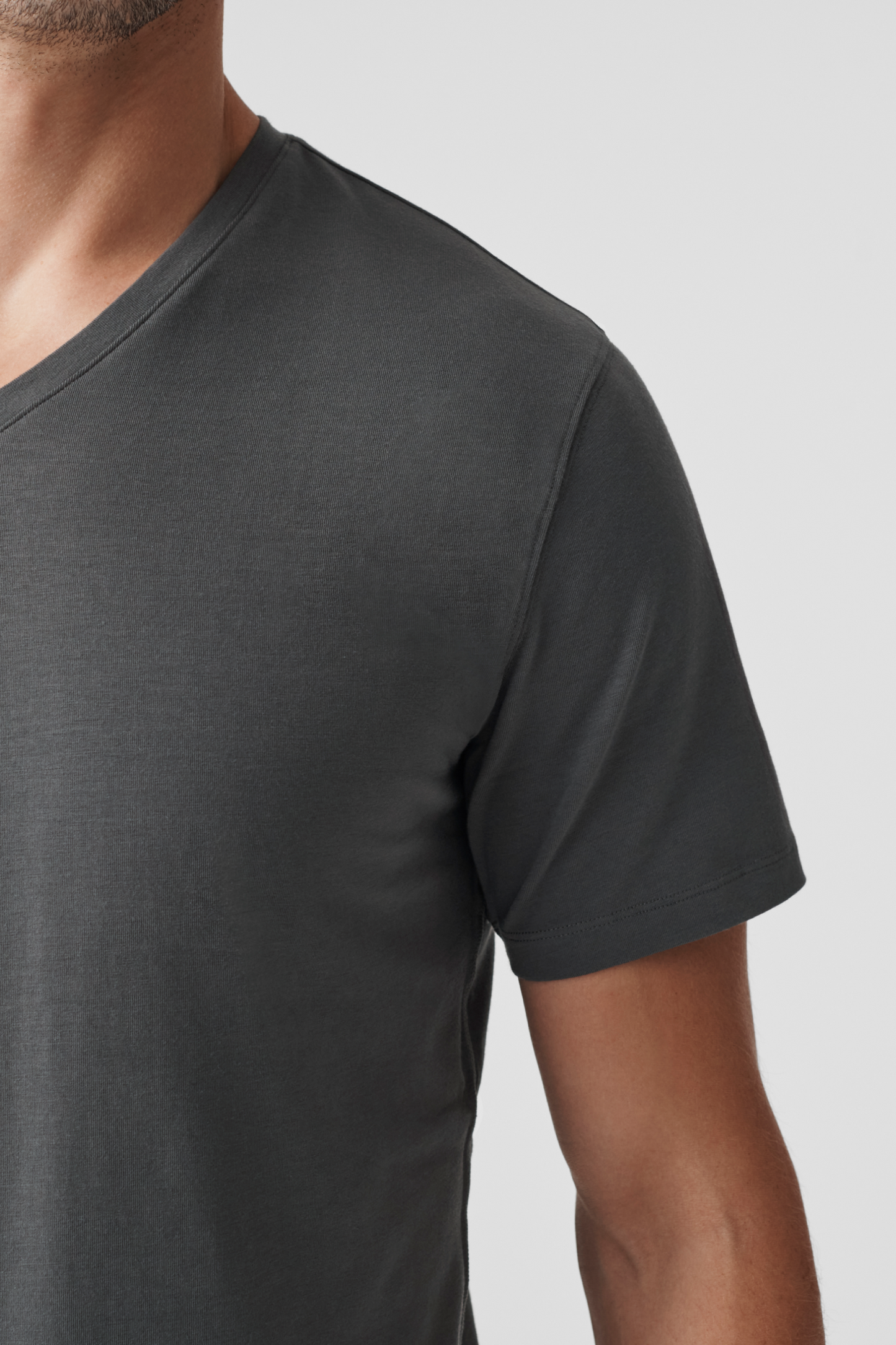 SILVER v-Neck T-Shirt Man Front close up on short sleeve