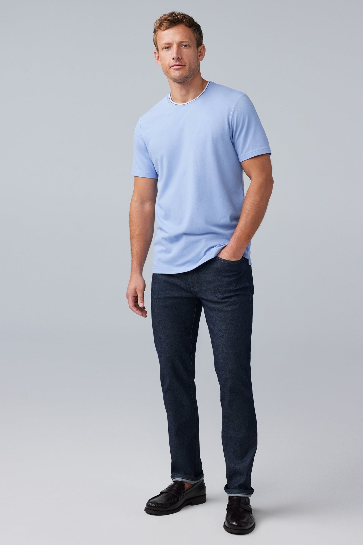 Full body front view of SILVER Pique T-Shirt in Blue Fog Tipped