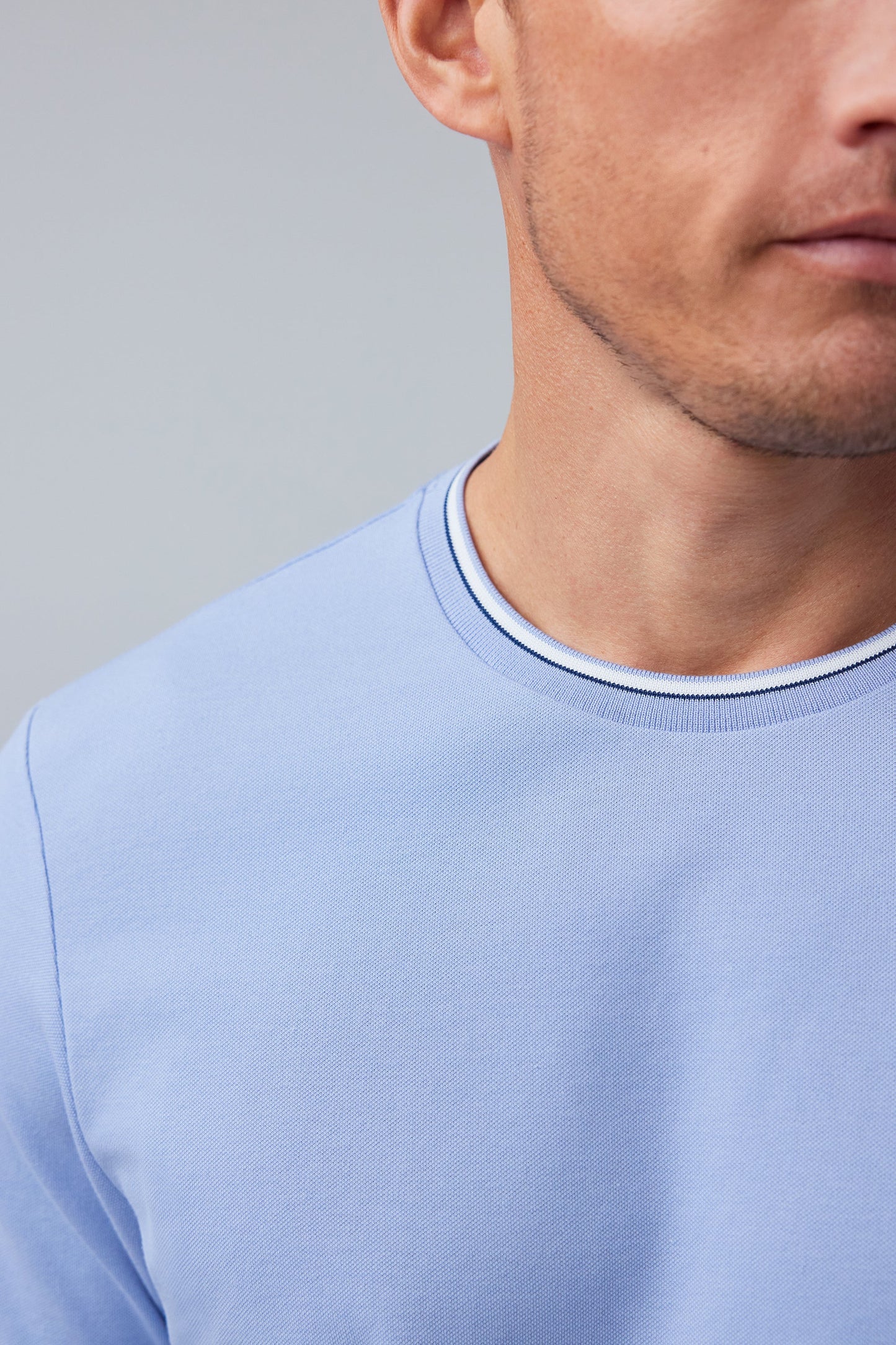Detail front view of SILVER Pique T-Shirt in Blue Fog Tipped