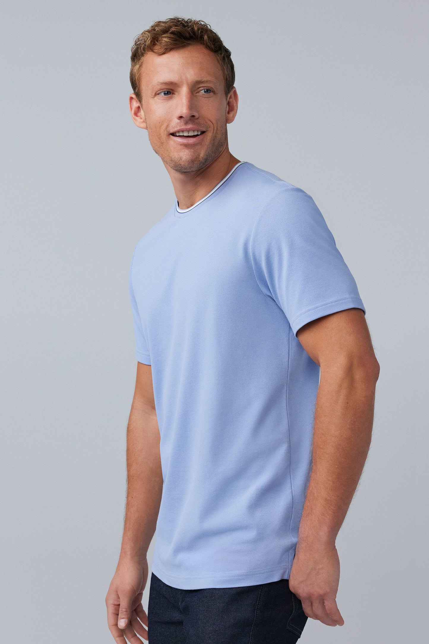 Side view of SILVER Pique T-Shirt in Blue Fog Tipped