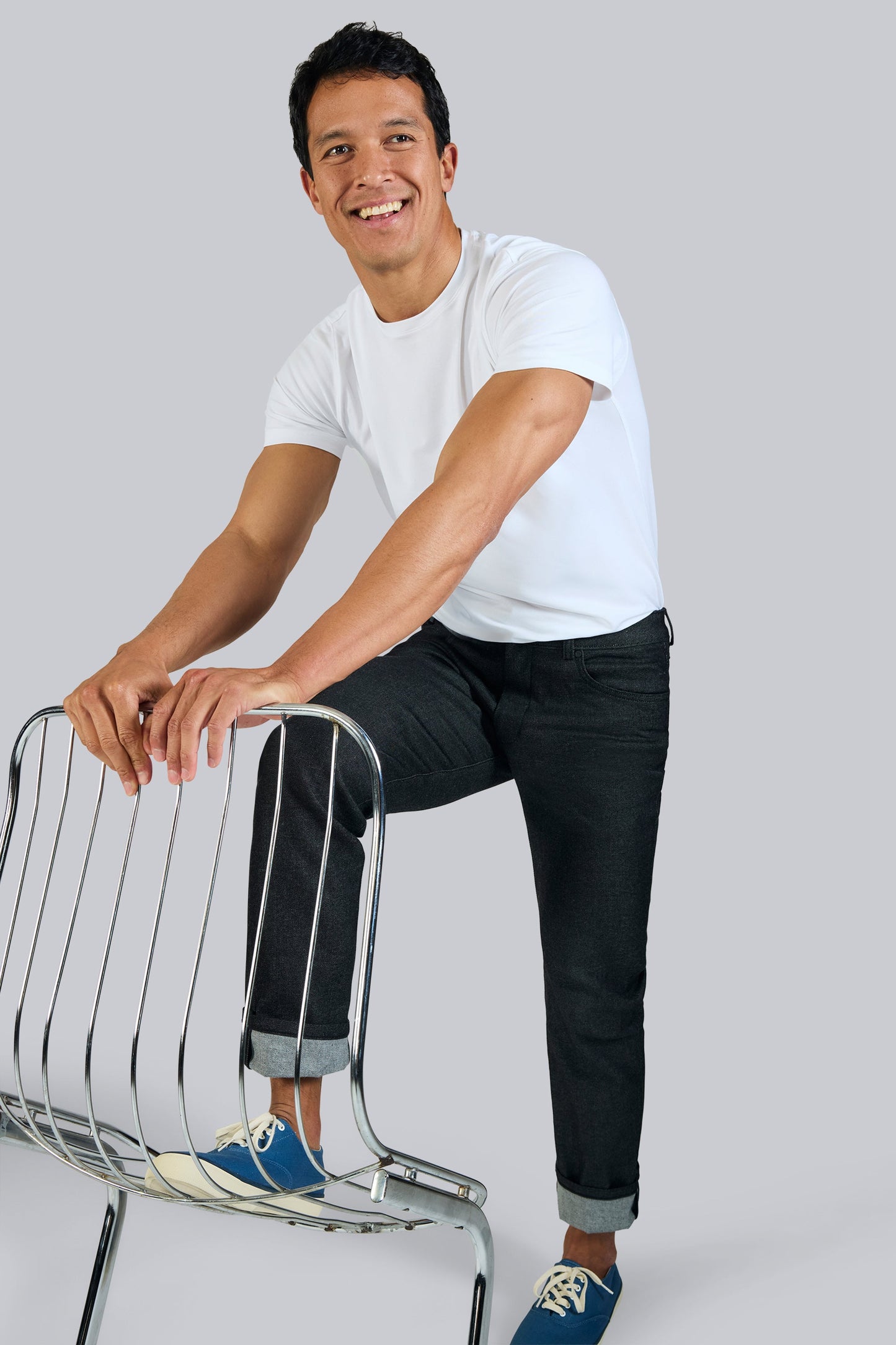 Man posing and wearing Silver Crew Neck T-shirt in Bright White
