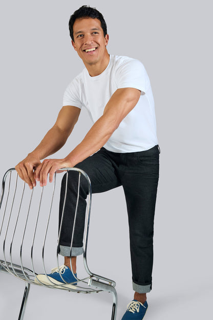 Man posing and wearing Silver Crew Neck T-shirt in Bright White