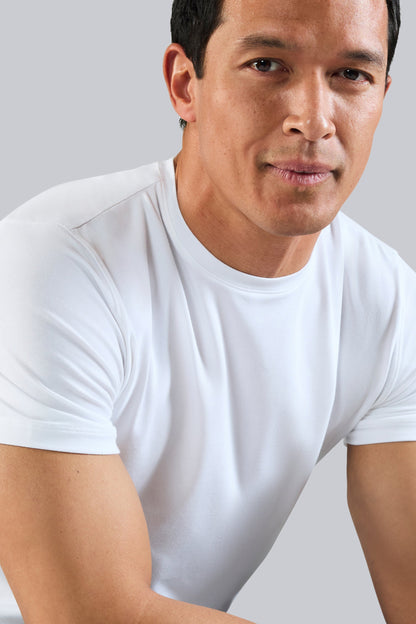 Close up view of a man wearing Silver Crew Neck T-shirt in Bright White